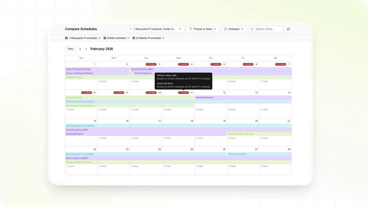 Calendar view showing phases and tasks across multiple project schedules in one place
