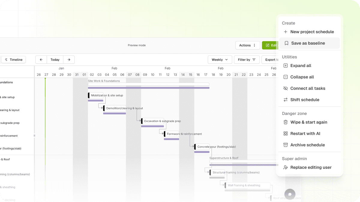 Scheduling baselines, sub-tasks, live links, and cross-project calendar