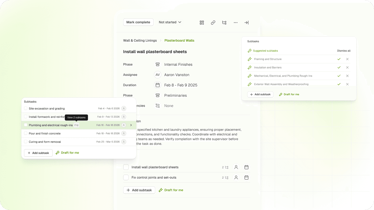 Schedule task panel showing nested subtasks with breadcrumb navigation and inline editing