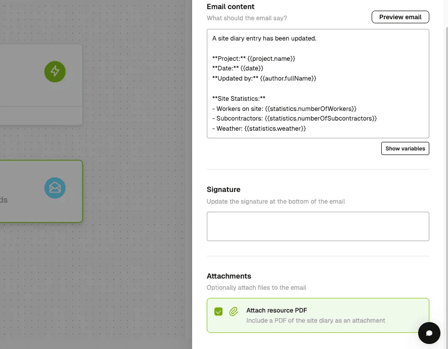 Workflow email configuration showing the PDF attachment toggle