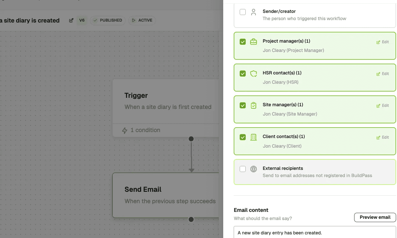 Workflow notification recipient picker with external emails, phone numbers, and project contacts